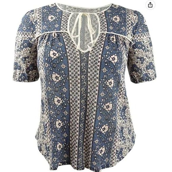 Lucky Brand Women's Size XS Printed Short Sleeve Peasant Top Boho Cottage Core - Picture 2 of 14